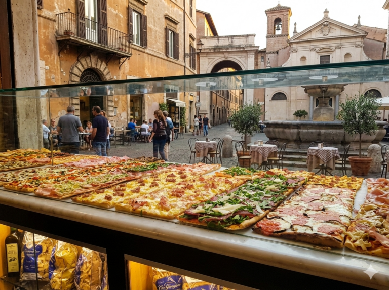 A premium display of traditional Roman pizza alla pala and baked goods in the foreground, with a panoramic view of Rome in the background.